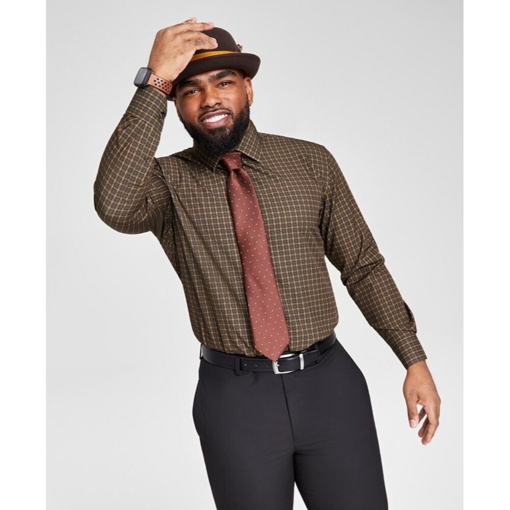 Tayion Collection Men's Brown & Gold Slim-Fit Dress Shirt M 15-15.5/ 34-35